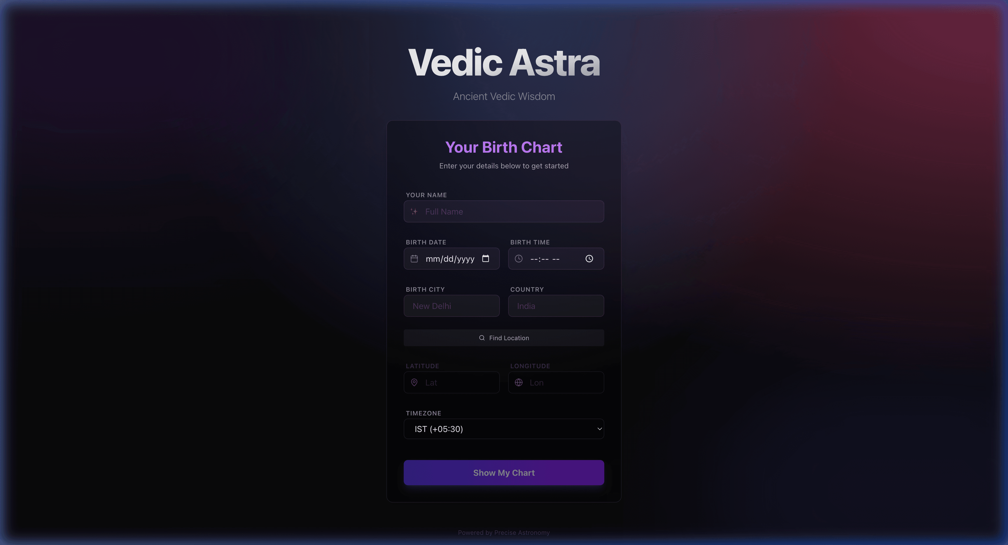 Vedic Astra Birth Chart Generator Interface