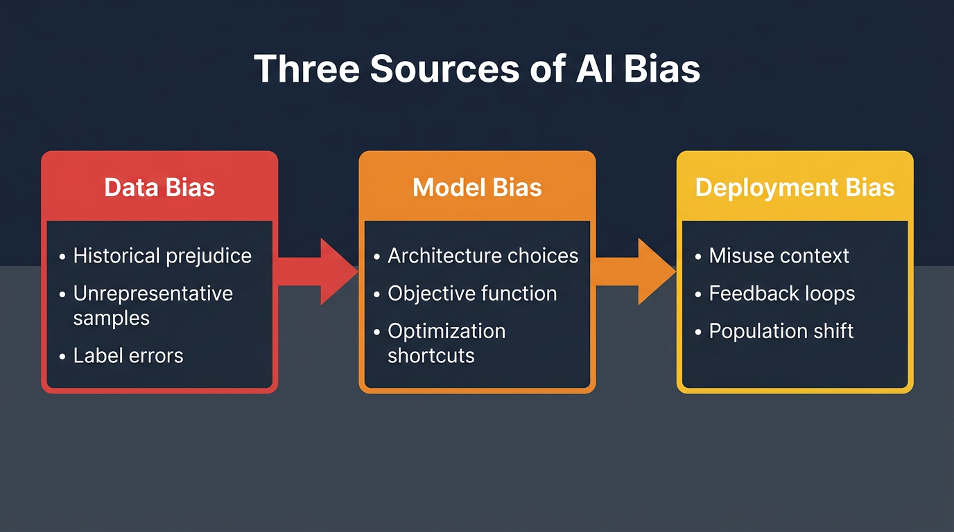 Three Sources of AI Bias - Data, Model, and Deployment